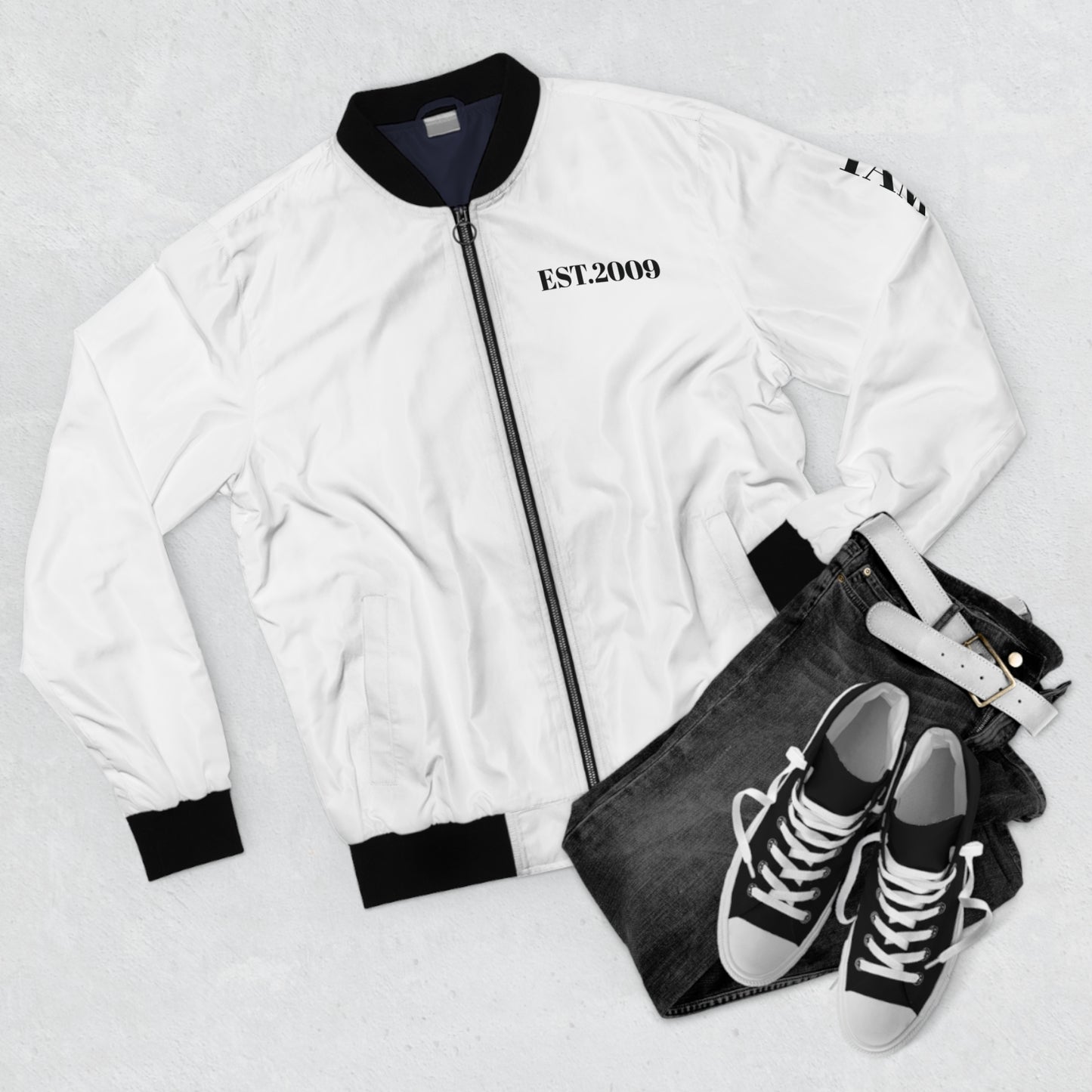 Bomber Jacket — EST.2009 Minimalist Black & White Back Graphic